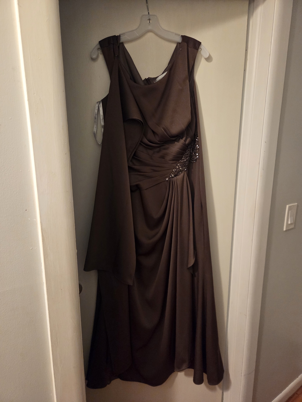 Sleeveless Brown Draped Maxi Dress with Beaded Accent